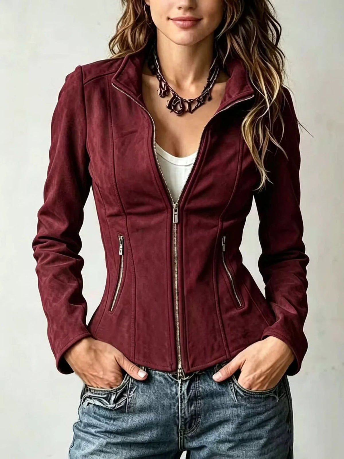 Burgundy zip-up jacket with stand collar and silver front zipper