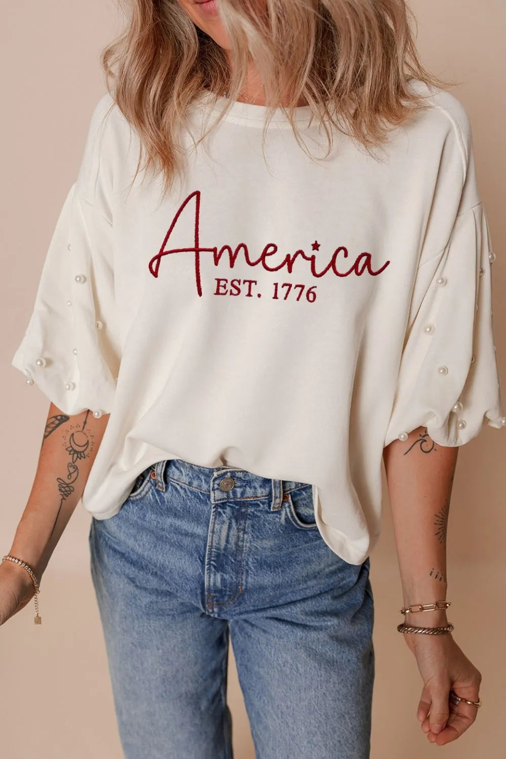 Cedar & Moore America EST 1776 embroidered tee with pearl-bead sleeve details, white