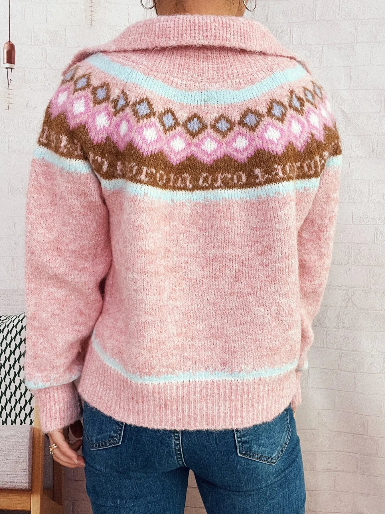 Pink zip-up cardigan back view with Fair Isle yoke band and hooded collar