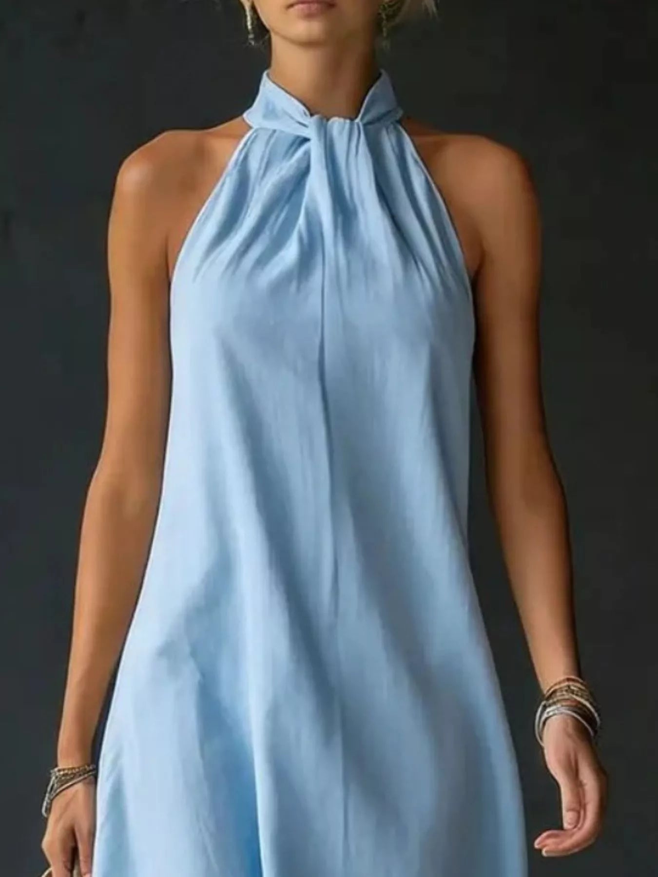 Cedar & Moore Halter Neck Sleeveless Maxi Dress in light blue, no slit