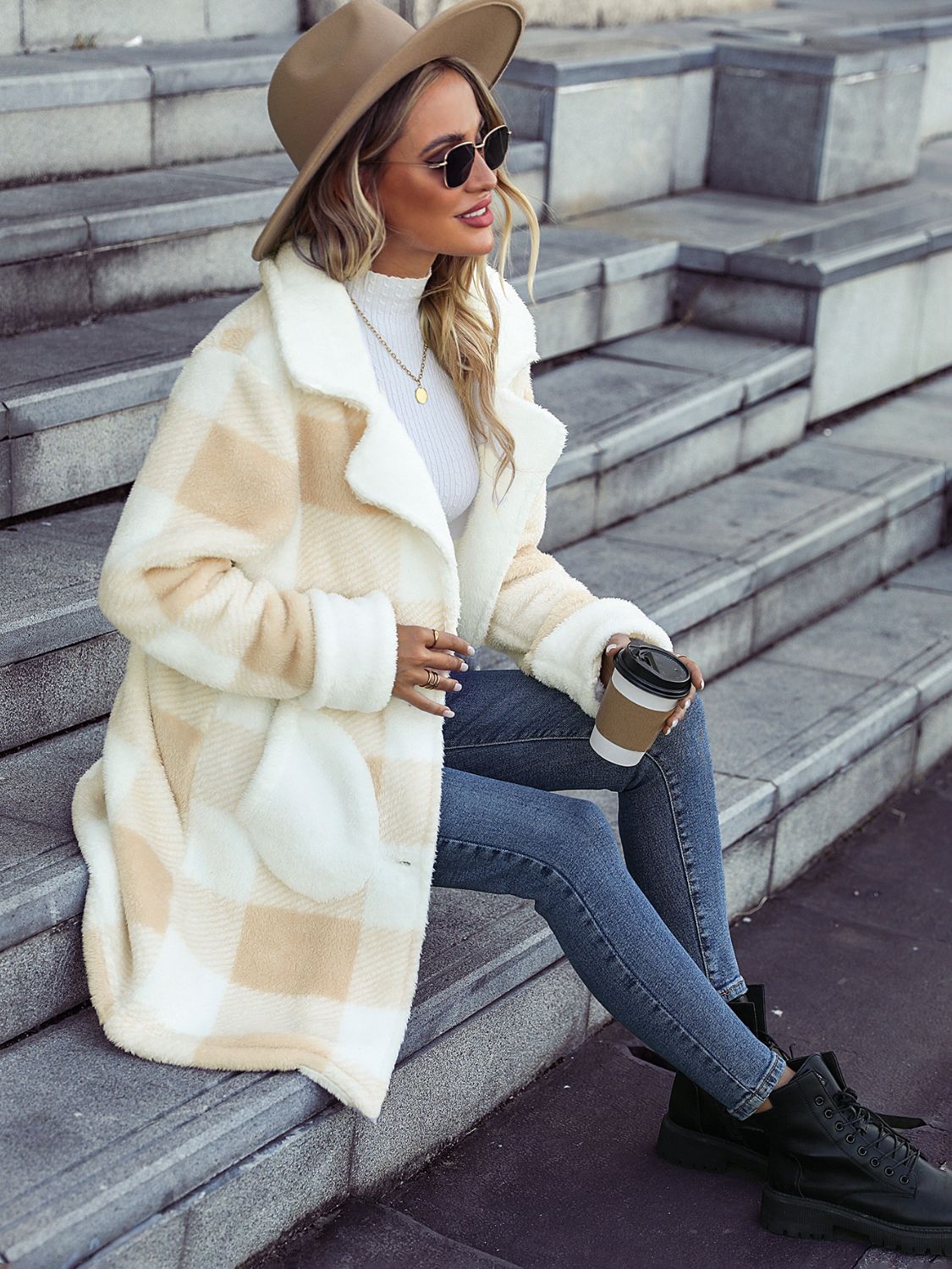 Plaid button-down coat with pockets, beige-and-cream check, soft textured finish