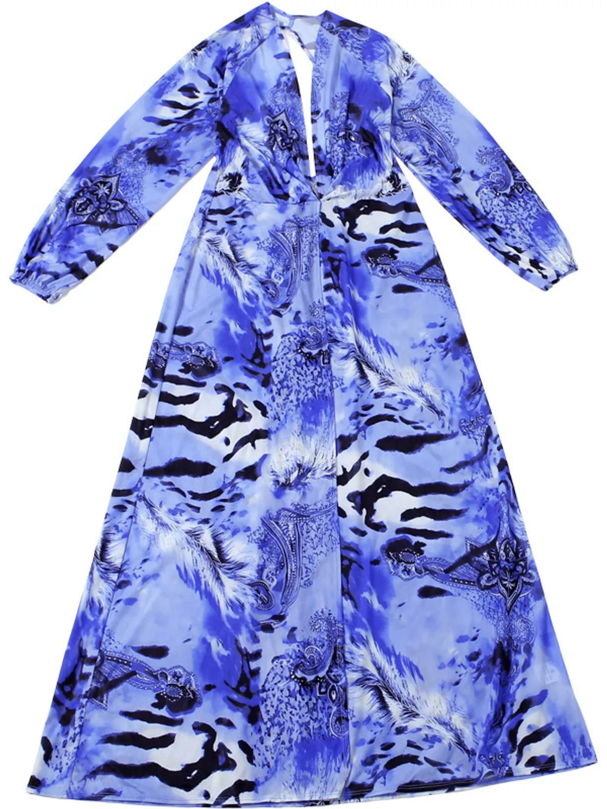 Blue printed long-sleeve maxi dress with front button placket and V-neck