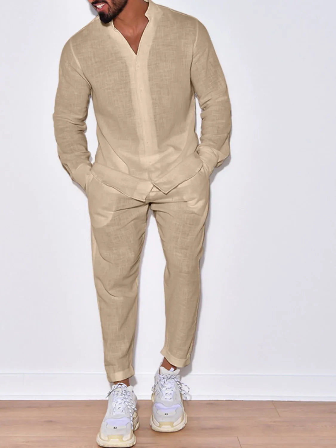 Men's button-up long sleeve shirt and pants set, khaki beige, twist-front detail