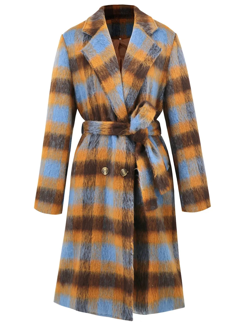 Plaid collared neck coat with waist tie belt, button front, long sleeves, flat lay.