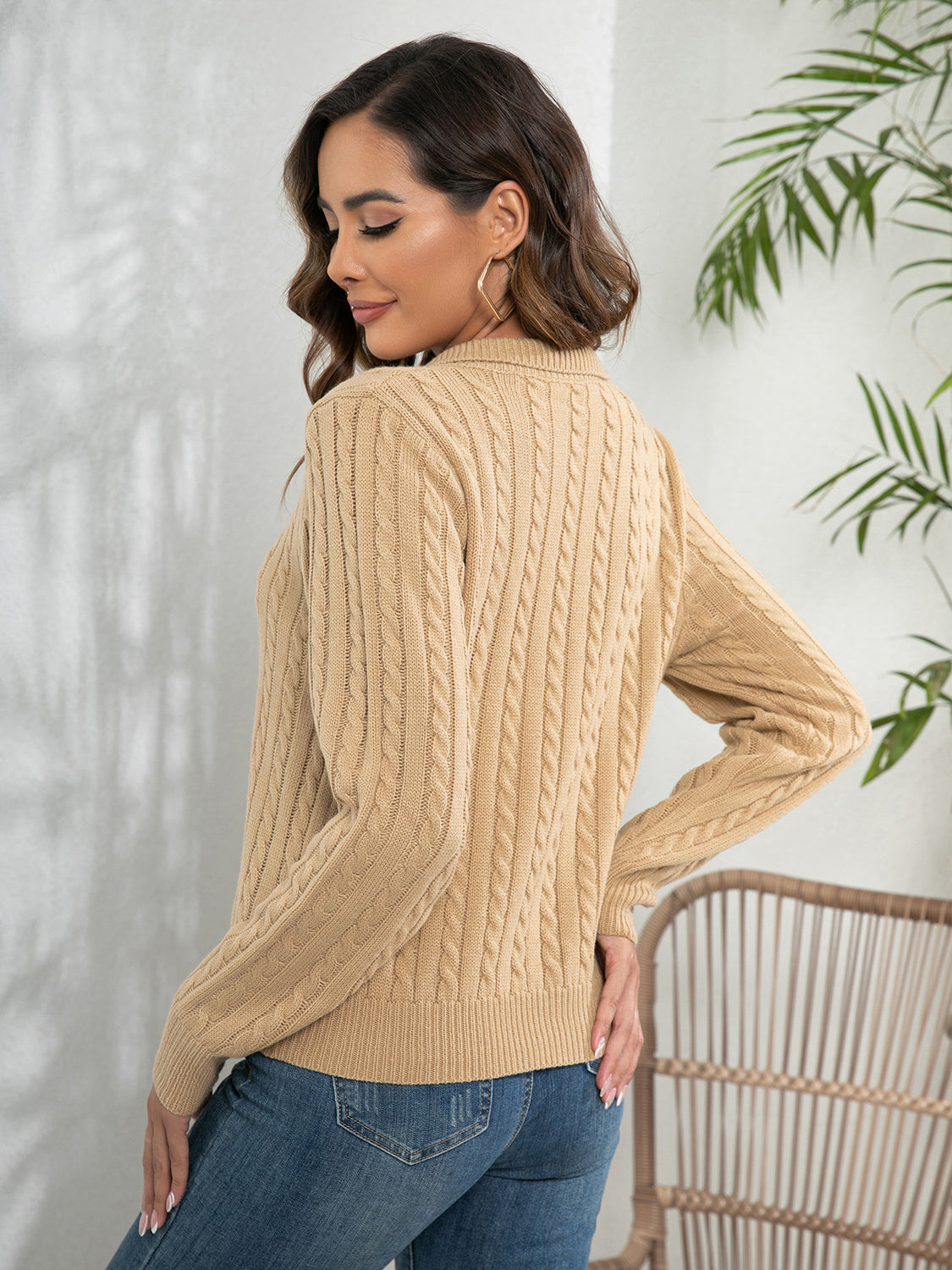 Khaki cable-knit long sleeve sweater from the back, Johnny collar