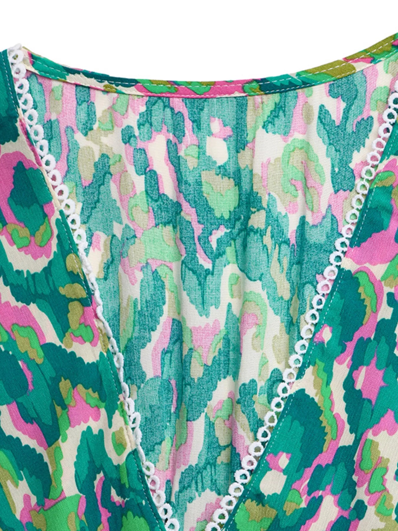 Cedar & Moore Printed V-Neck Flounce Sleeve Dress in vibrant teal pink floral print by Trendsi