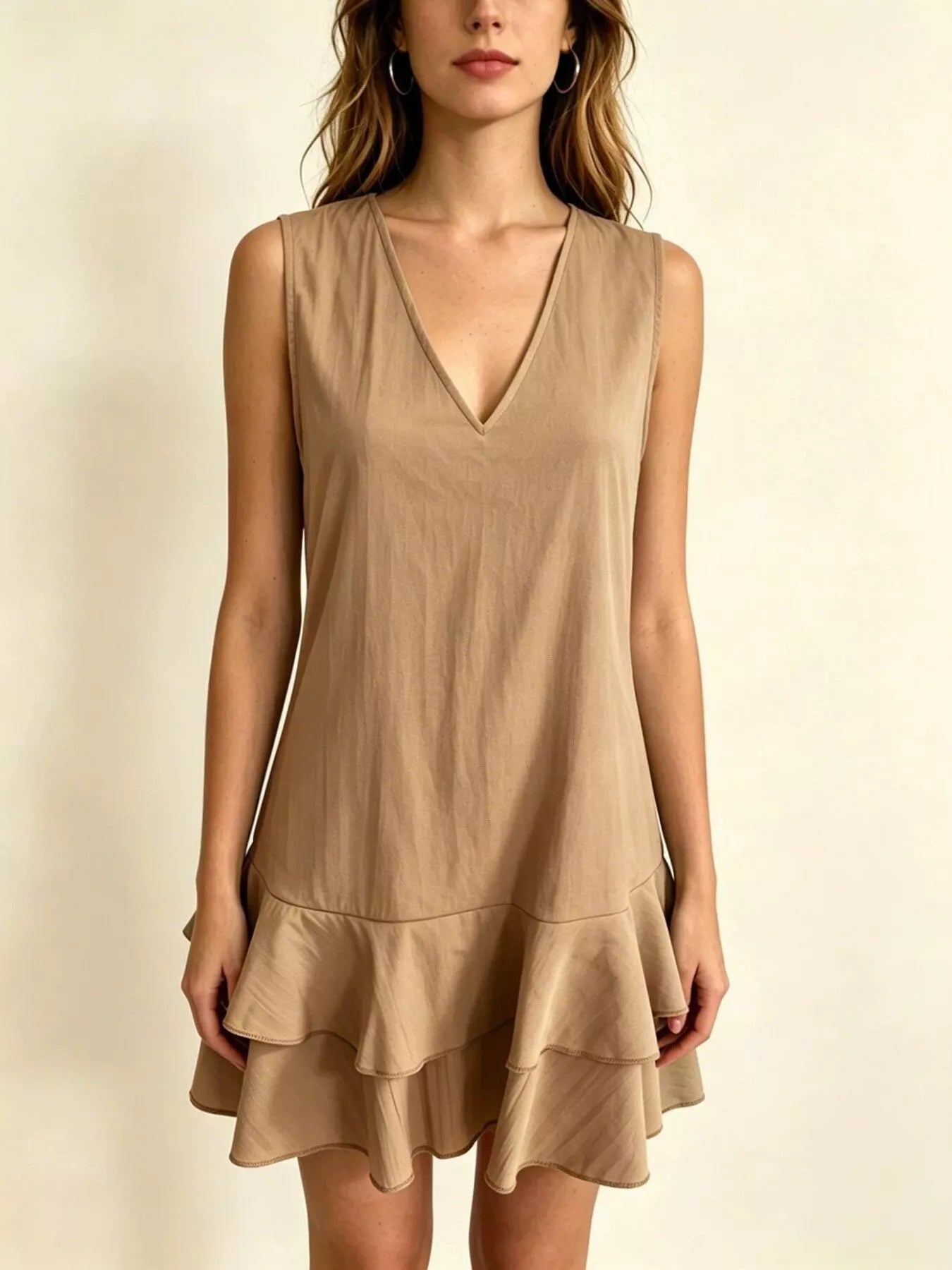 Plus-size sleeveless V-neck tiered ruffle mini dress, khaki front