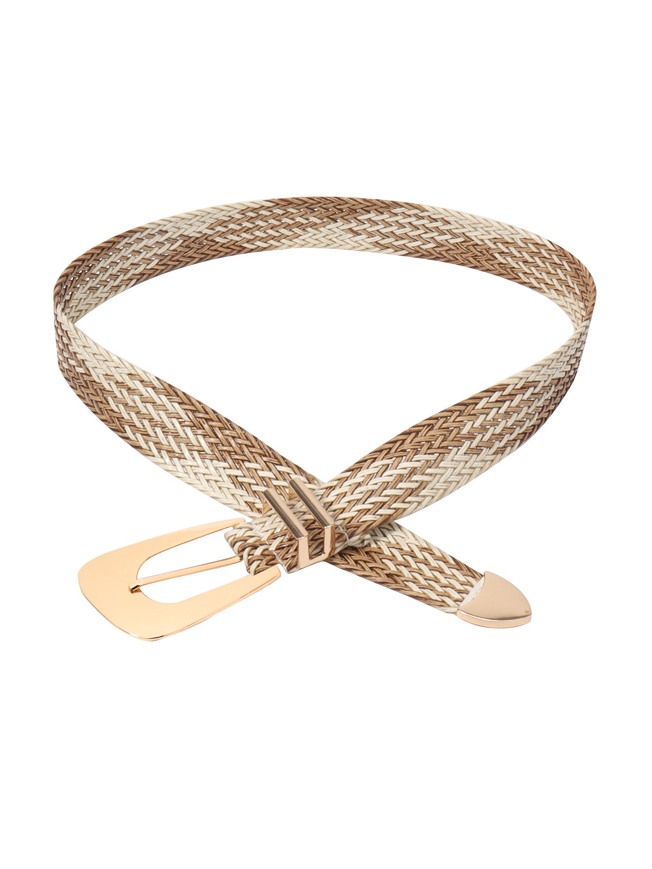 Camel braided belt with gold-tone toggle buckle and crossed tie section