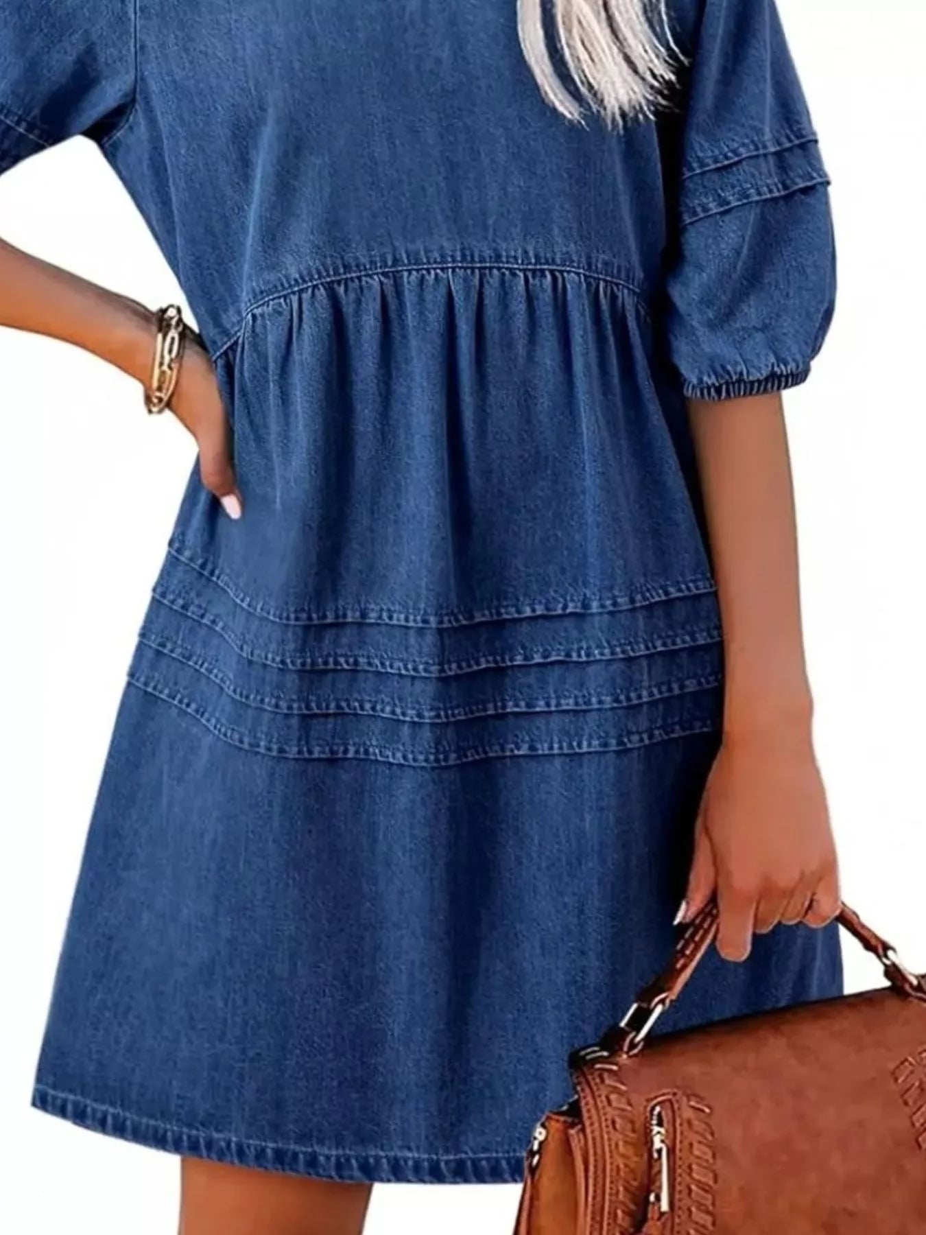 Cedar & Moore Casual V-Neck Puff Sleeve Denim Mini Dress in blue denim with a gathered waist