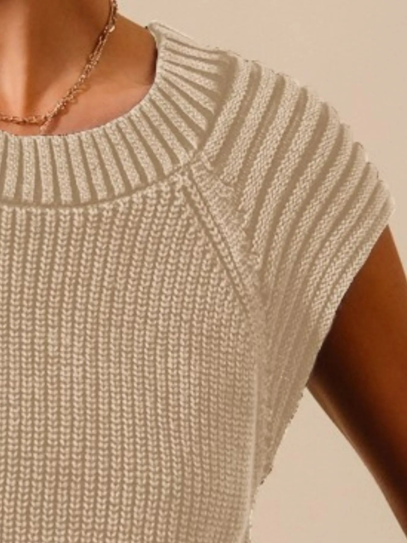 Vintage taupe sleeveless raglan sweater top with ribbed crew neck and knit texture detail