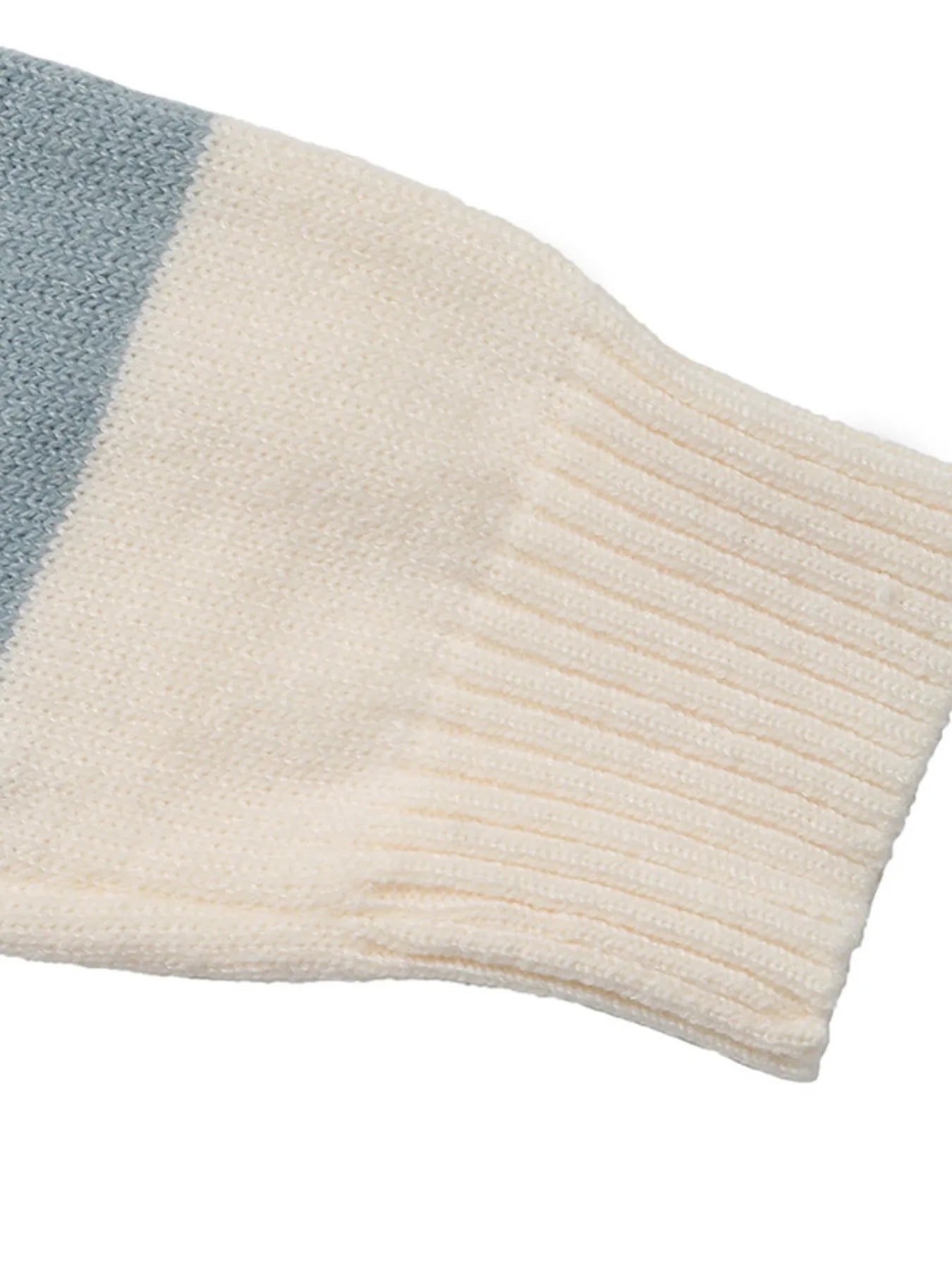 Striped knit cardigan sleeve cuff with ribbing, cream and light blue stripe