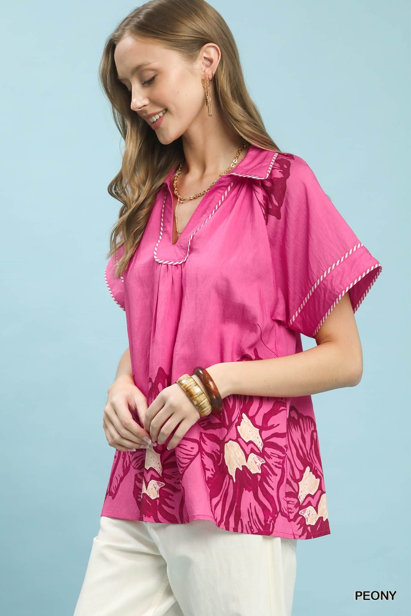 Cedar & Moore Umgee Floral Split-Neck Short Sleeve Top in pink floral print