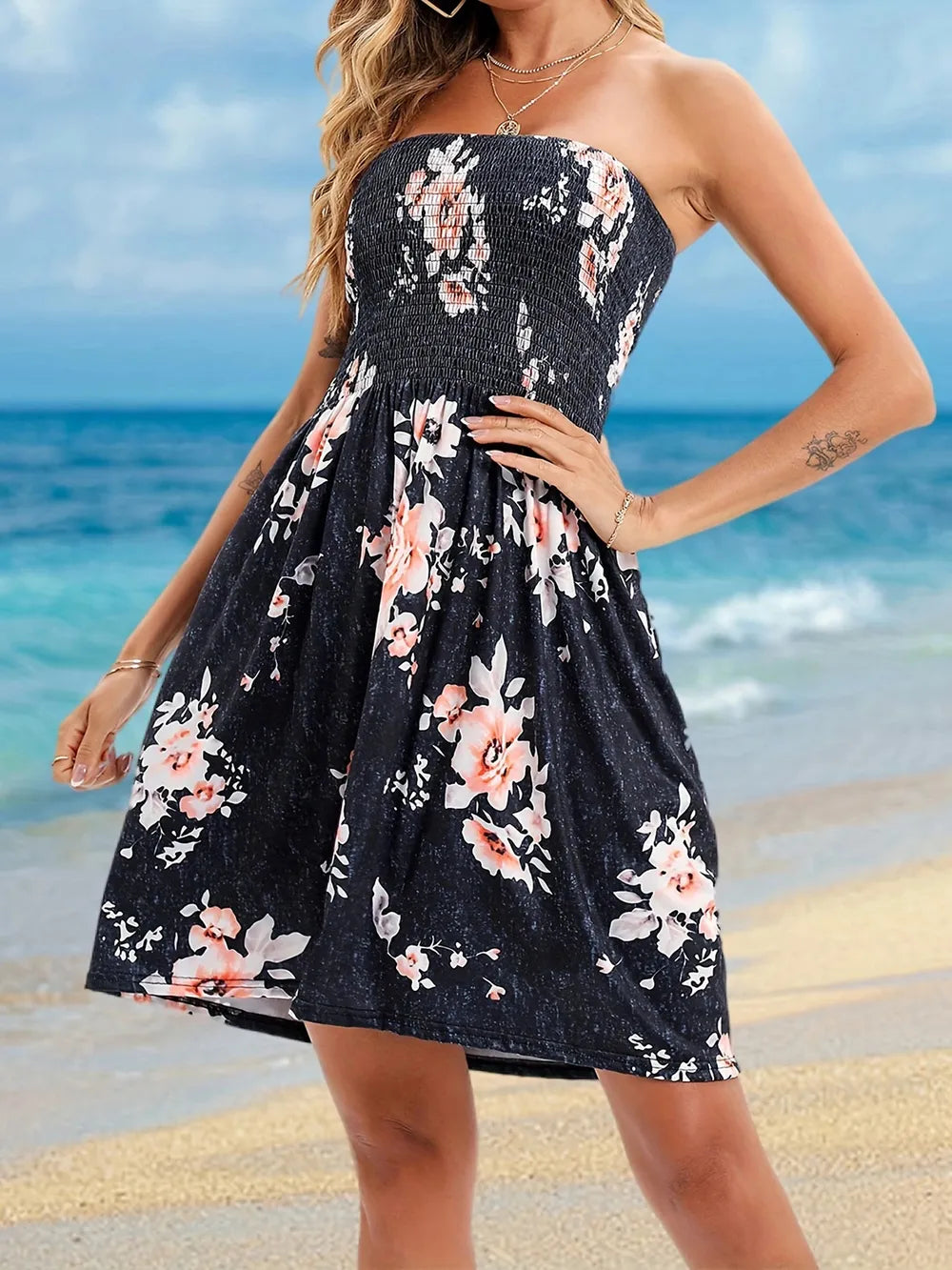 Full Size Smocked Printed Tube Mini Dress by Trendsi, navy floral print, strapless bodice
