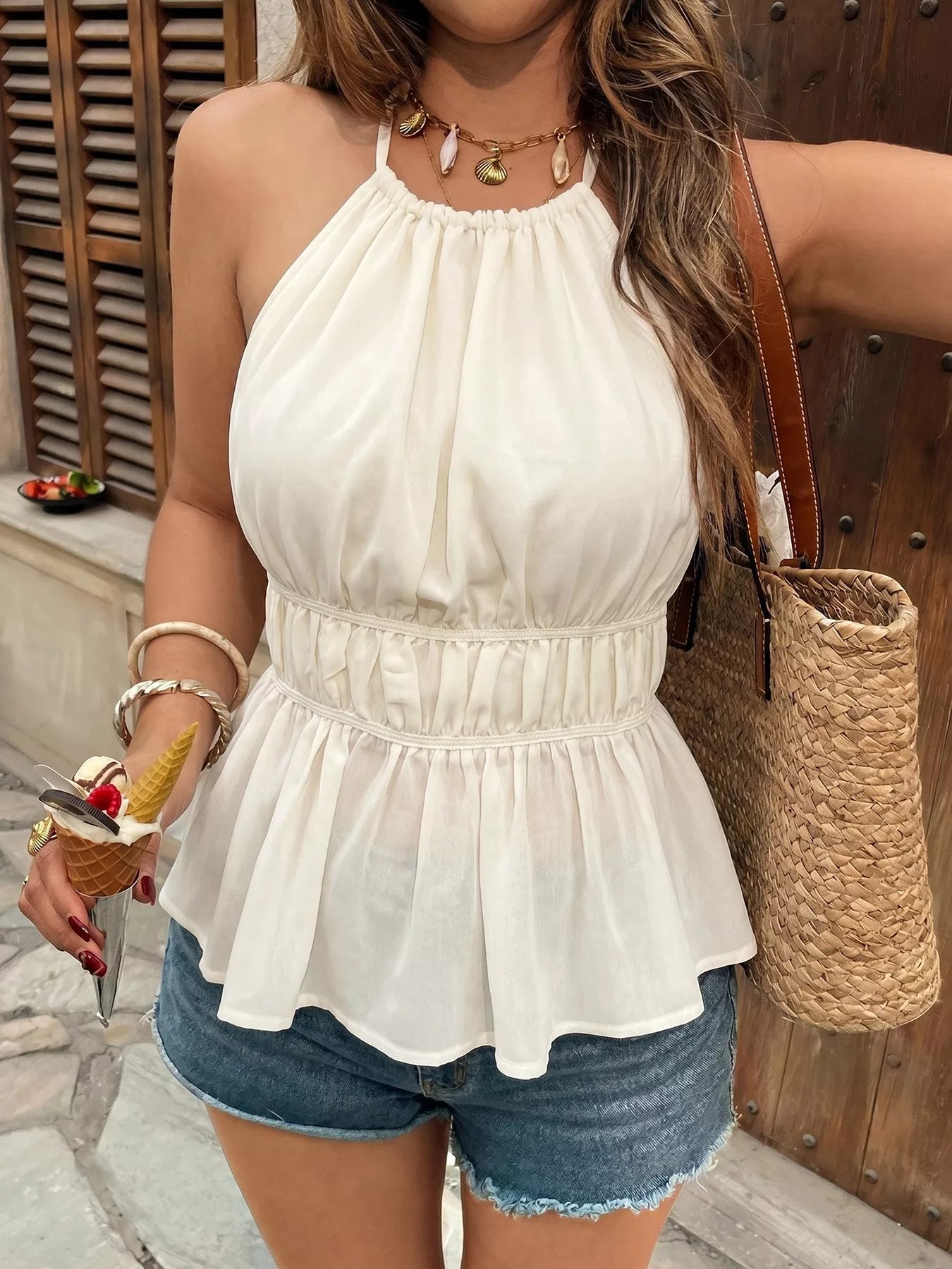 Cedar & Moore Halter Neck Cami in white with smocked waist, casual summer top