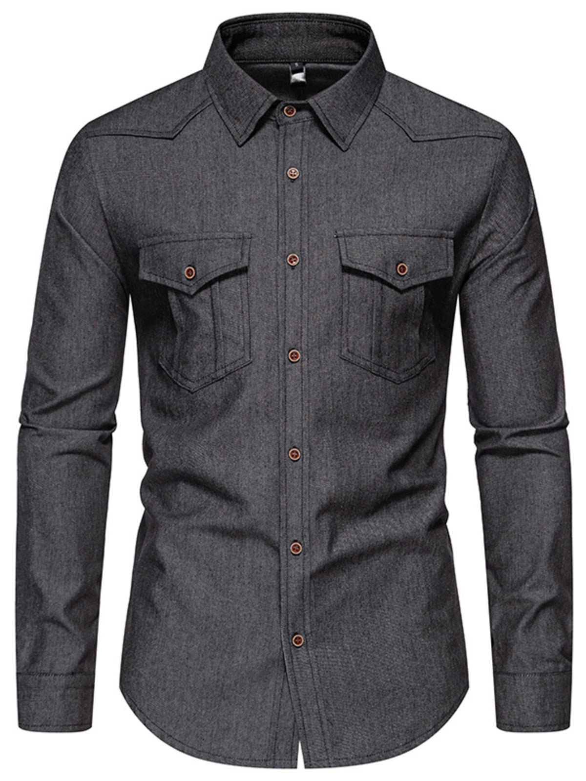Men’s dark gray denim long-sleeve shirt with button front and chest pockets
