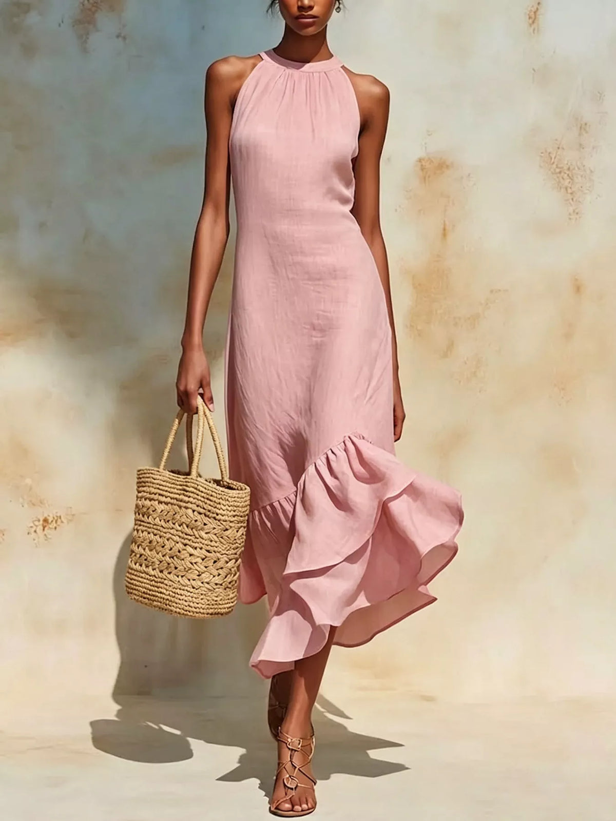 Pink sleeveless midi dress with high neck and layered ruffle hem