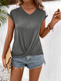 Cedar & Moore Ivy Lane Spliced Lace V-Neck Twisted Hem Tee in charcoal gray with white lace shoulders