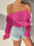 Hot pink off-shoulder sheer cropped blouse with elastic neckline and ruffle-trim sleeves