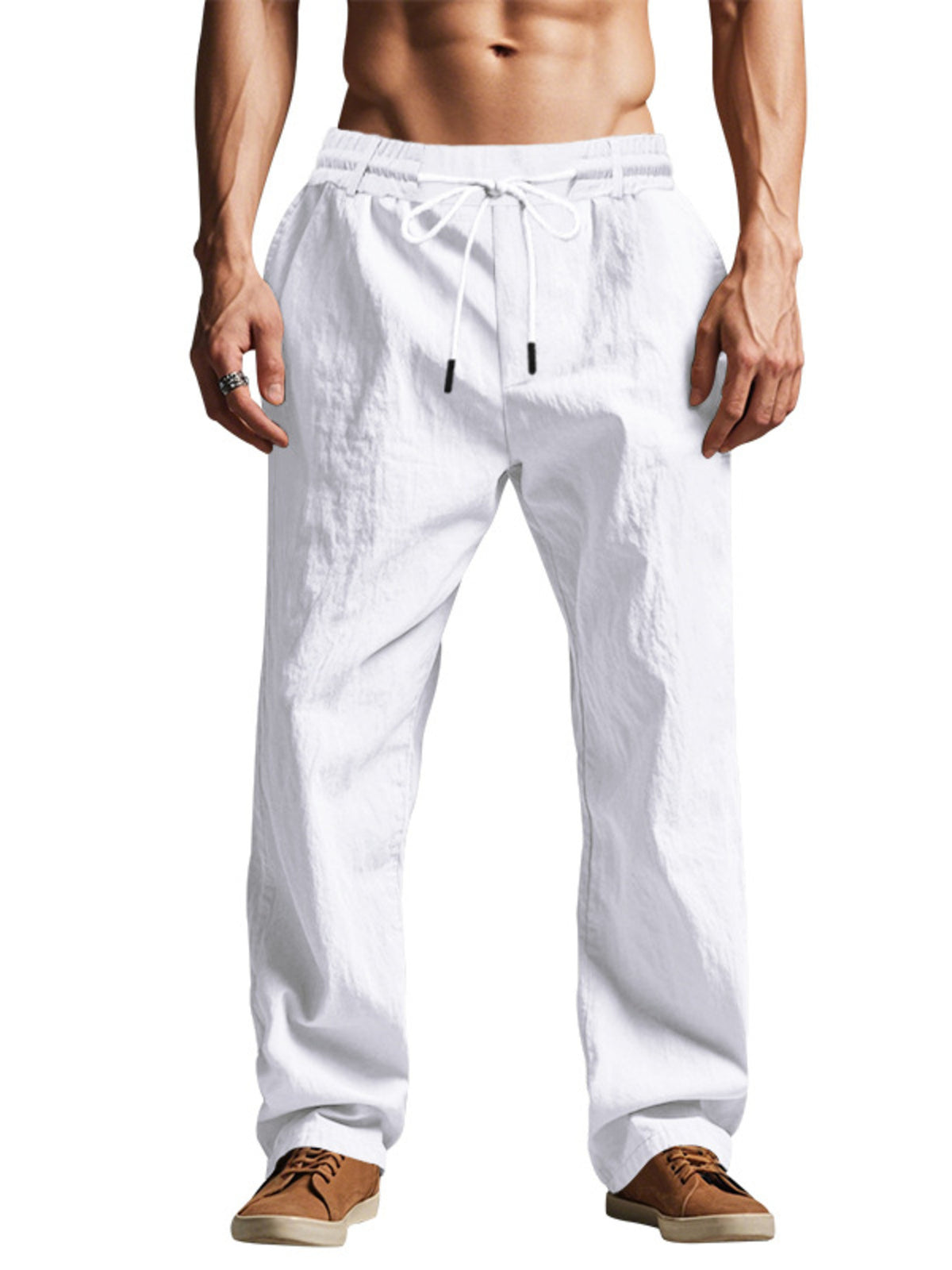Lightweight men’s drawstring pants in white, elastic waistband with tie, roomy legs