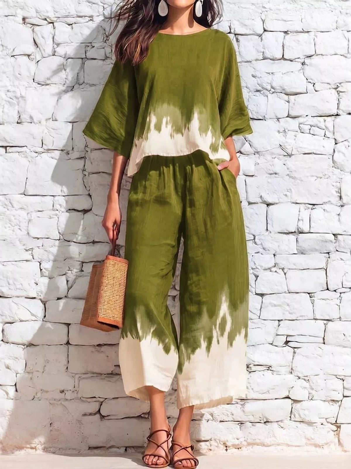 Olive green tie-dye two-piece set with loose top and capri pants, white streaks