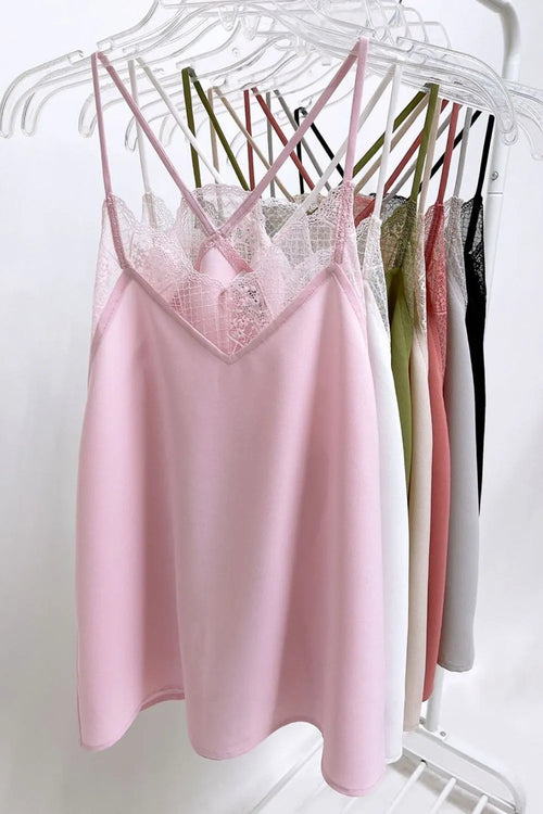 Blush satin cami tank top with lace V-neck and thin adjustable straps