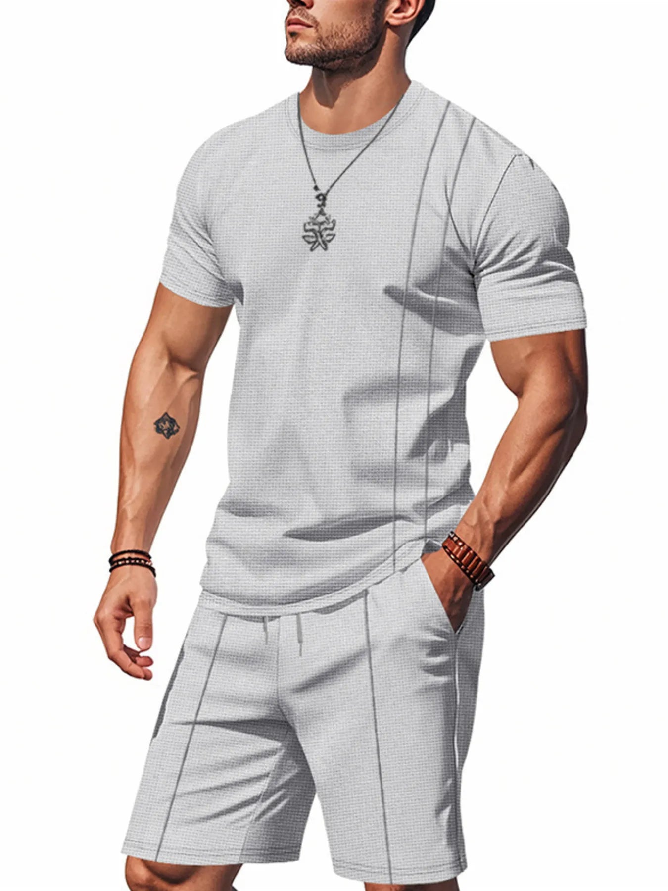 Men’s light gray short-sleeve round-neck T-shirt and matching drawstring shorts set