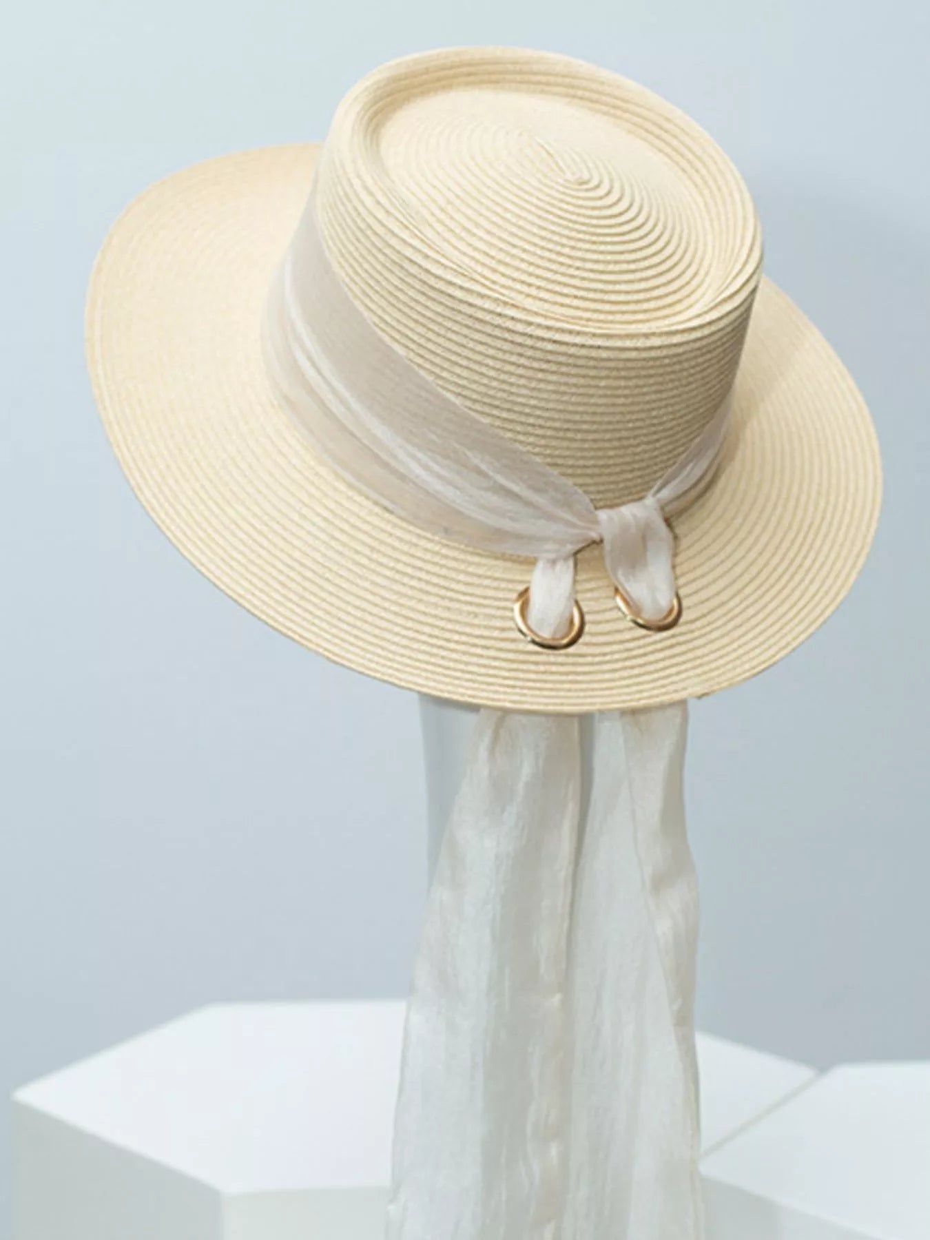 Cedar & Moore Ribbon Accent Straw Sun Hat, natural straw with white ribbon and gold-tone rings