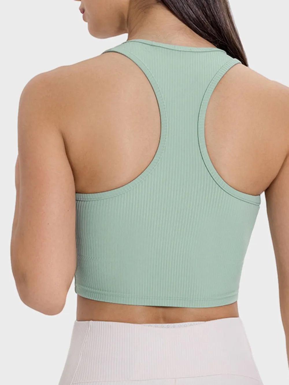 Mint green active tank back with racerback wide straps, cropped hem