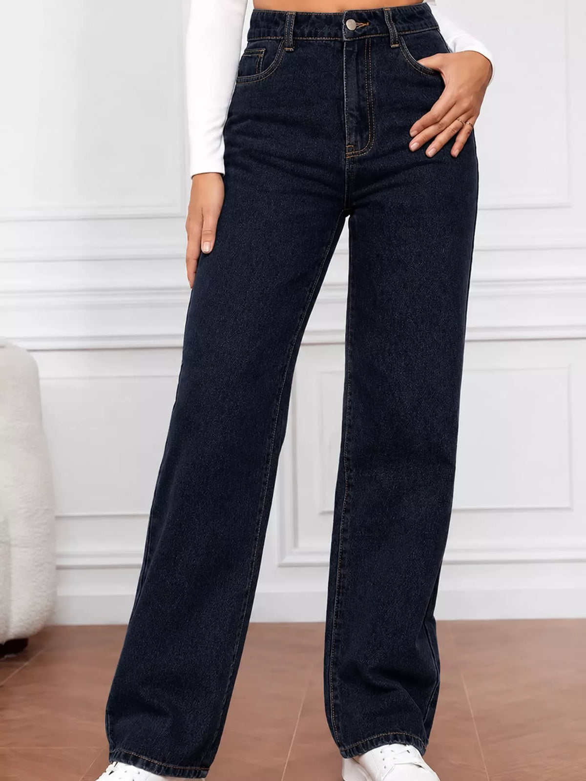 High-waisted vintage wash denim jeans, dark navy, wide straight-leg fit