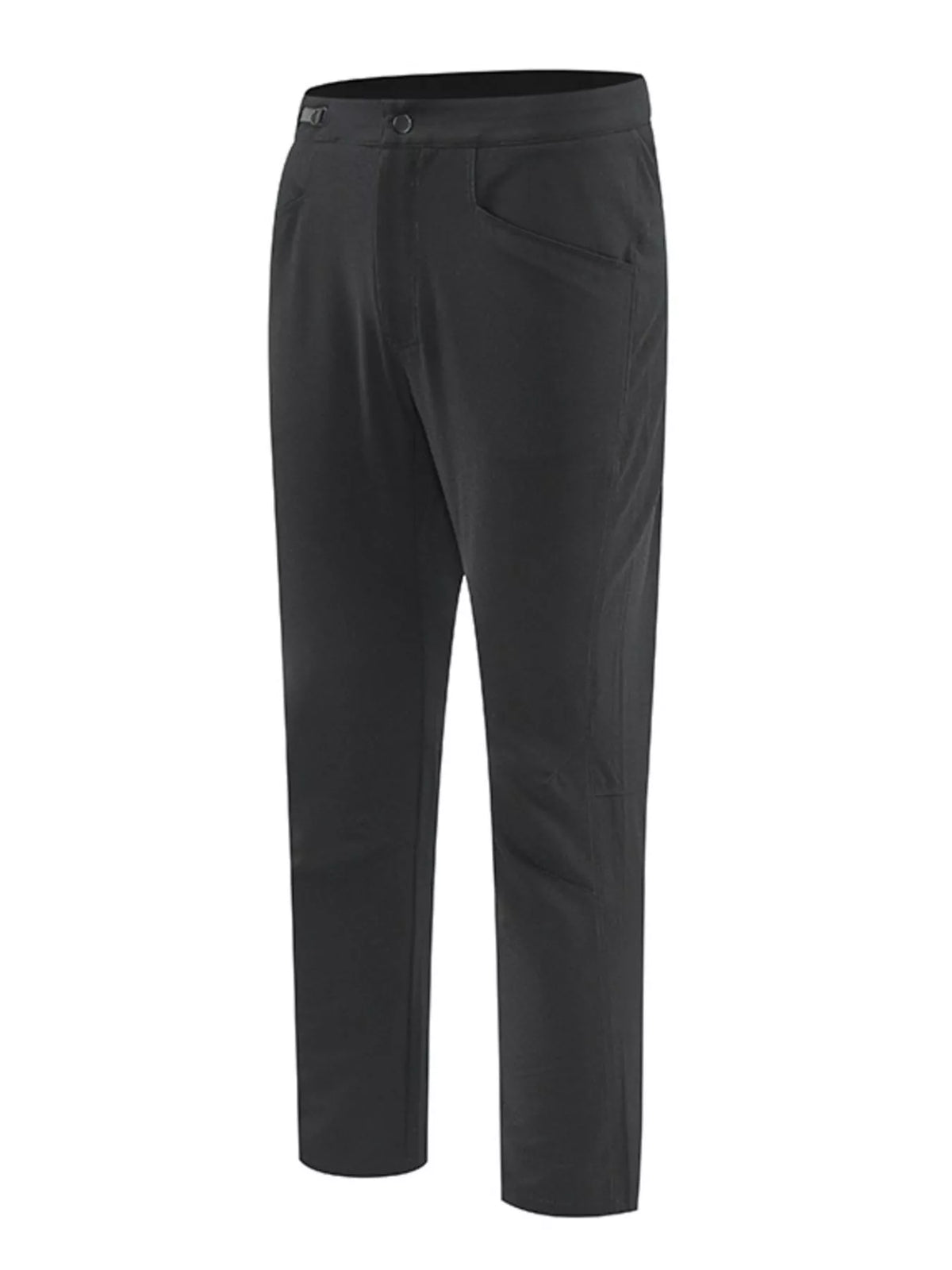 Men's slim-fit stretch casual pants in black, flat side view with button waistband