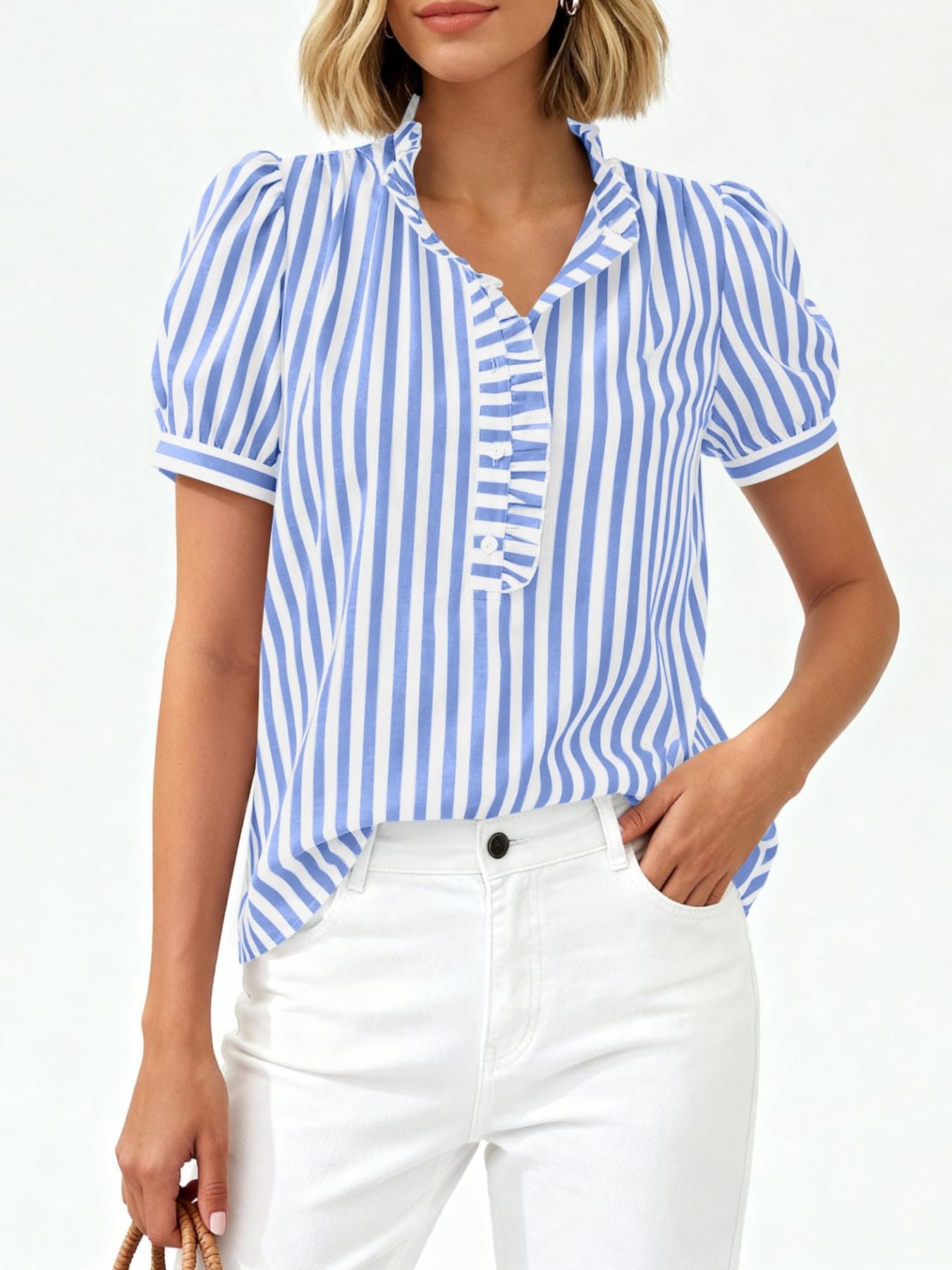 Frill Striped Puff Sleeve Blouse by Trendsi, blue and white striped with ruffled button placket