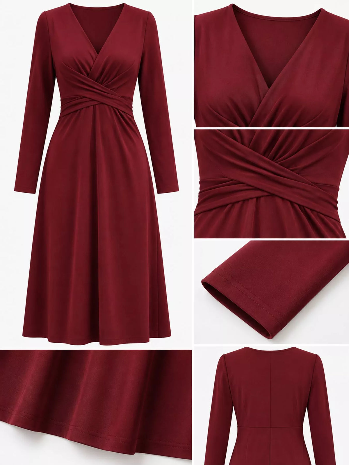 Burgundy ruched V-neck midi dress with crisscross front and long sleeves