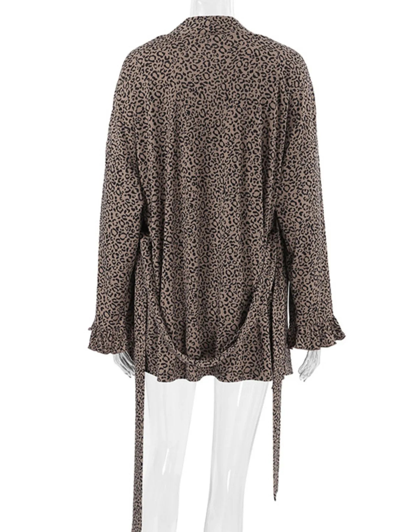 Leopard print long cardigan cover-up back view with hem ties