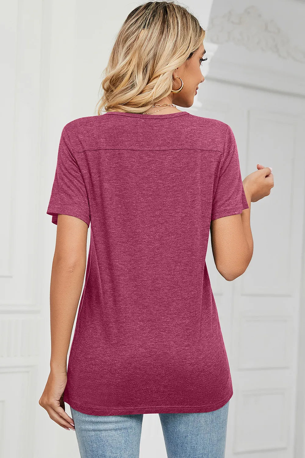 Burgundy V-neck short sleeve T-shirt, back view