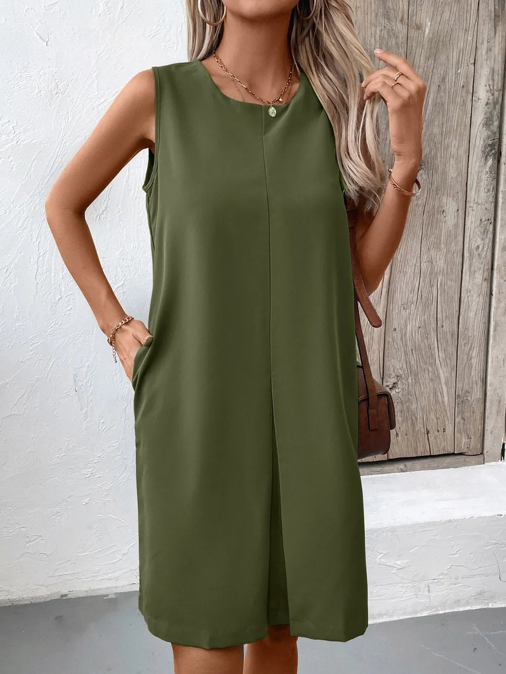 Ivy Lane pocketed round-neck sleeveless mini dress in olive green by Trendsi