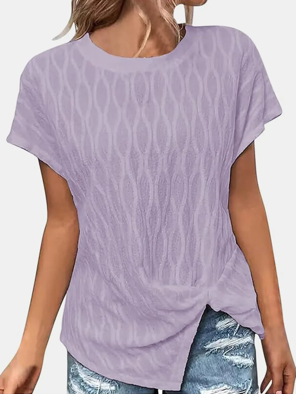 Round-neck short-sleeve T-shirt in lavender, draped front and crew neckline