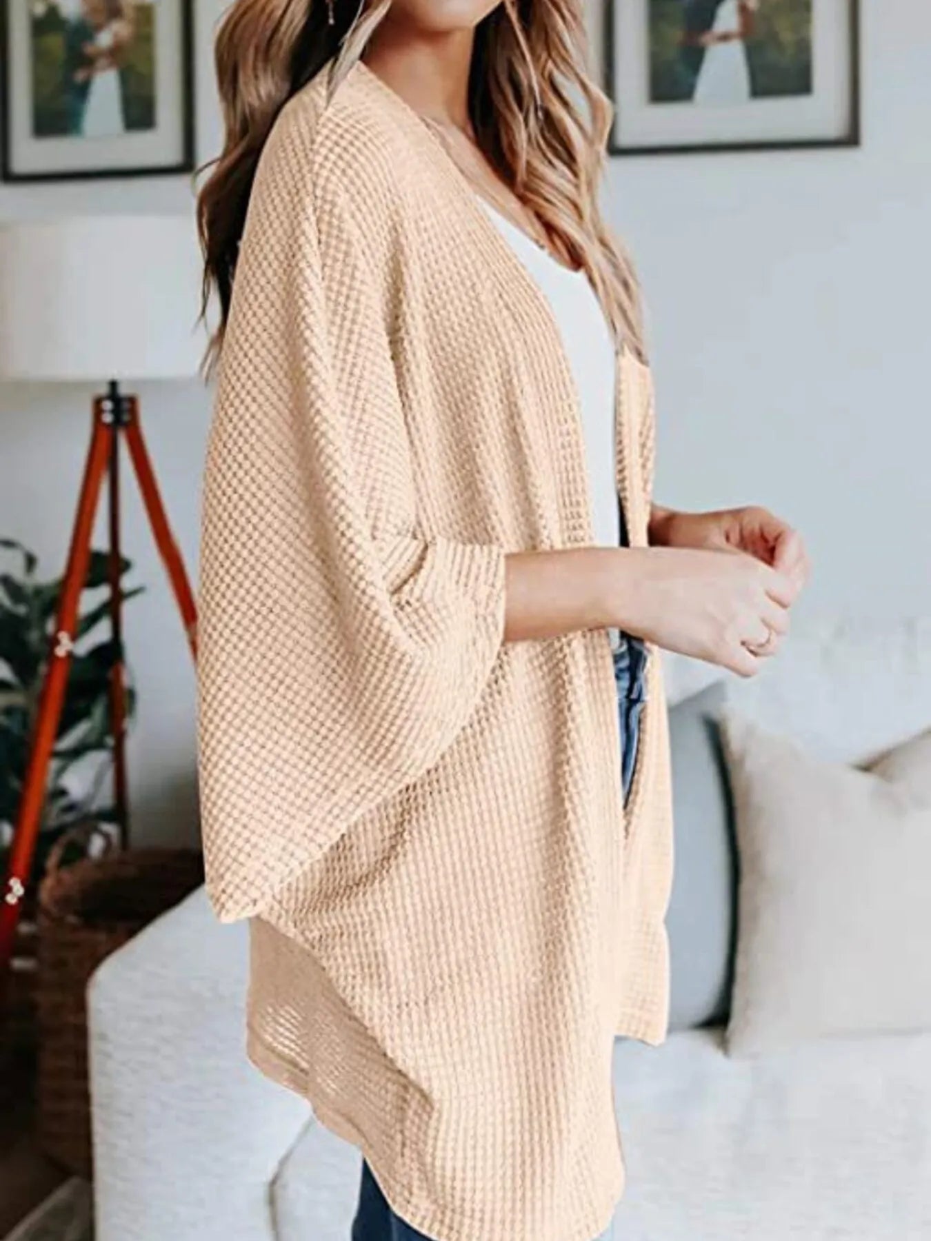 Plus size waffle knit open-front cardigan, light beige, loose drape with side pockets