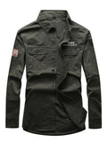 Men's long-sleeve cotton button pocket shirt, army green, chest patch pockets