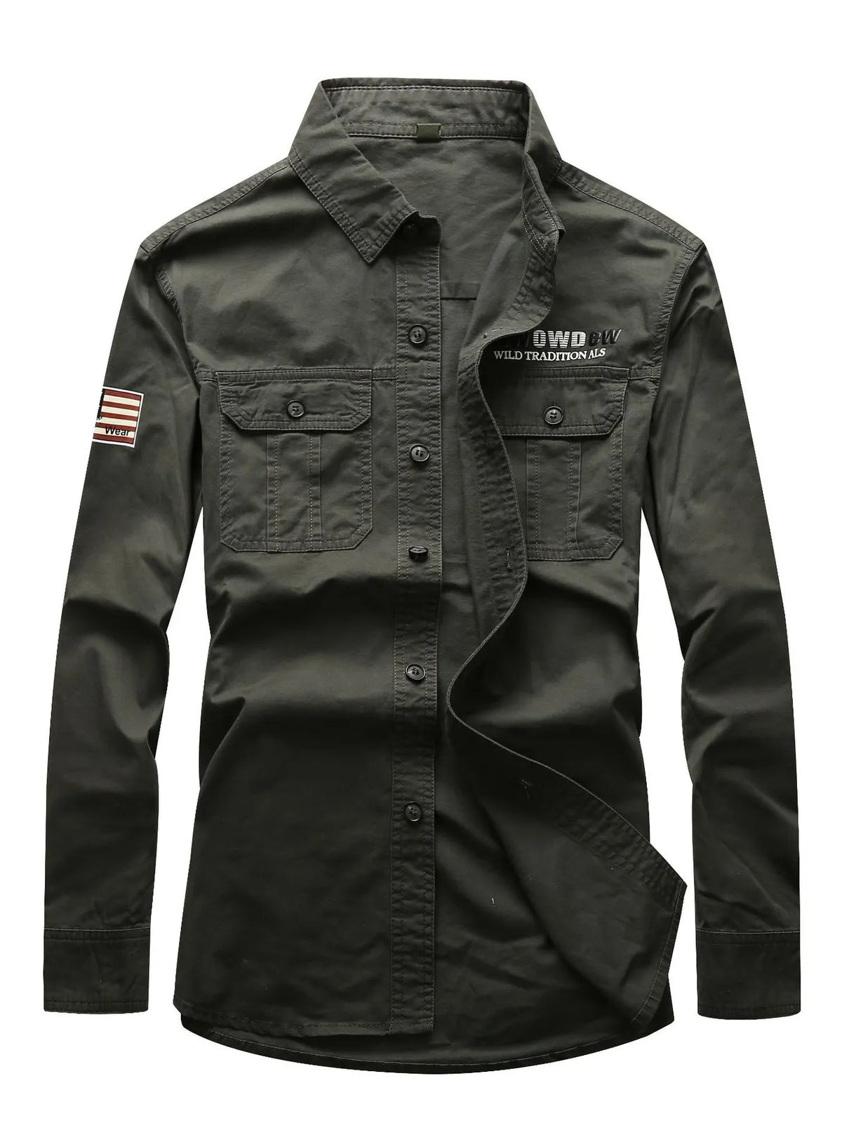 Men's long-sleeve cotton button pocket shirt, army green, chest patch pockets