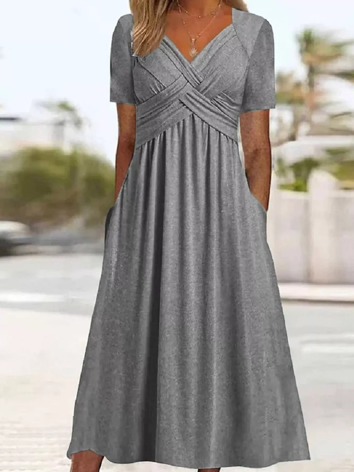 Gray crisscross V-neck high-waist midi dress with short sleeves and gathered skirt