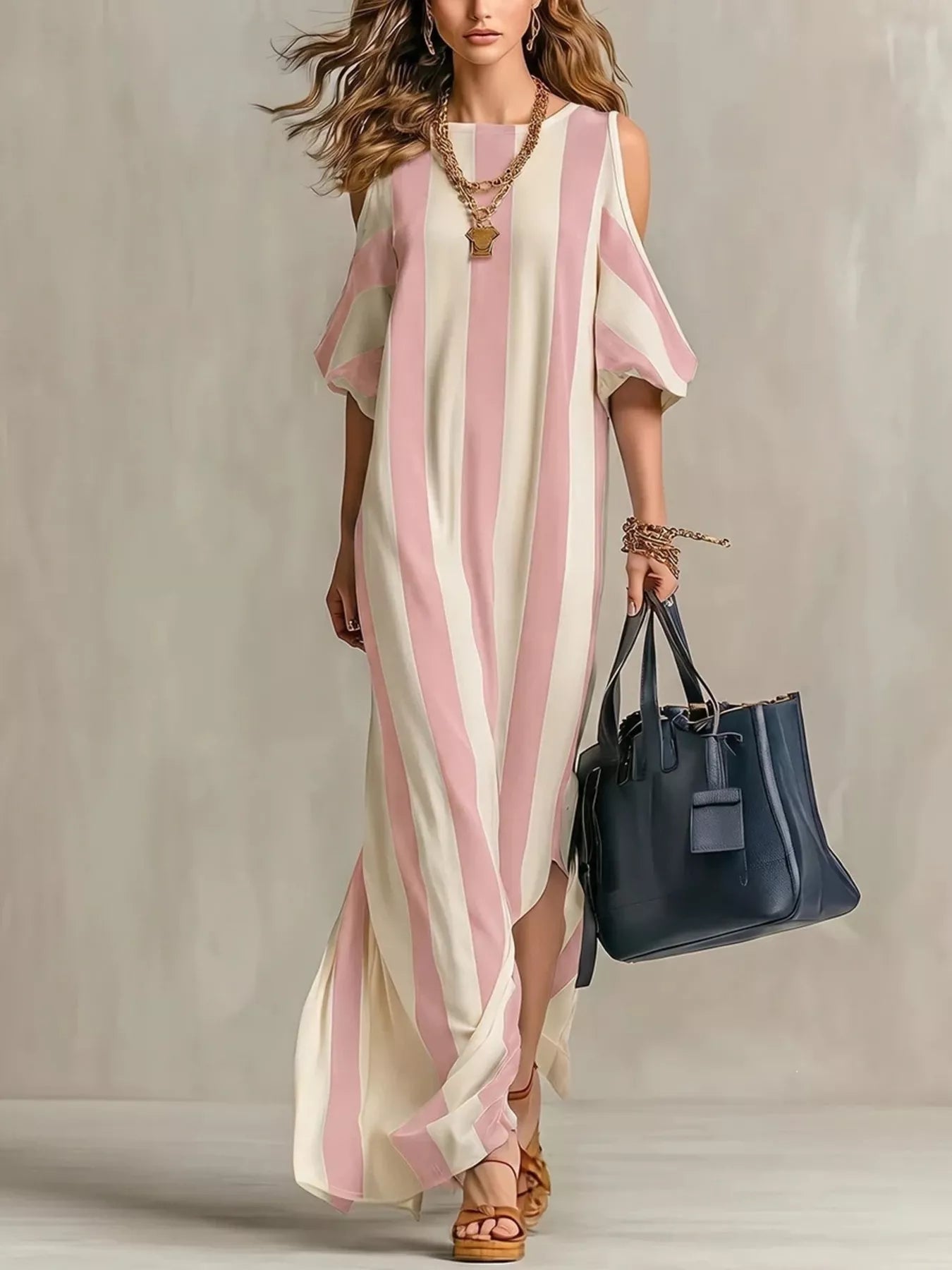 Pink and cream striped cold-shoulder maxi dress with draped flutter sleeves
