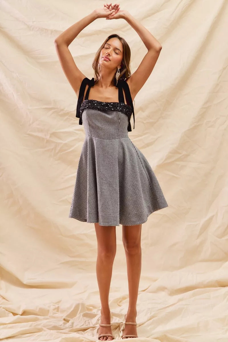mini fit and flare cocktail dress Houndstooth with Shoulder Ties Black / M color: Nudes Amoris) Item number FAQs About Buying Used Pay With:400 Qs (Silkroll Fee: $10.00)