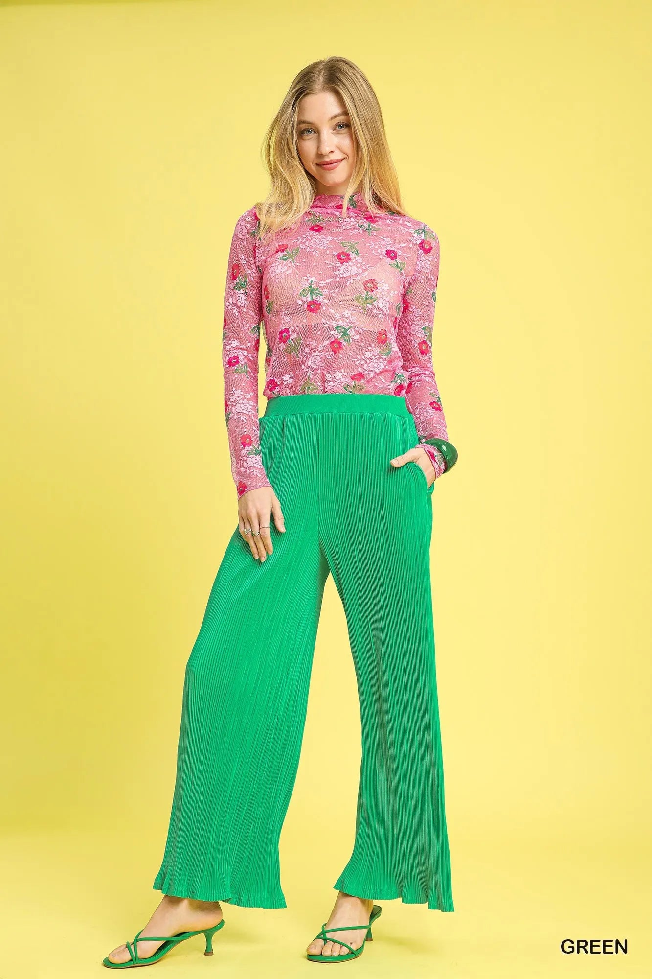 Green textured wide-leg pants with elastic waist