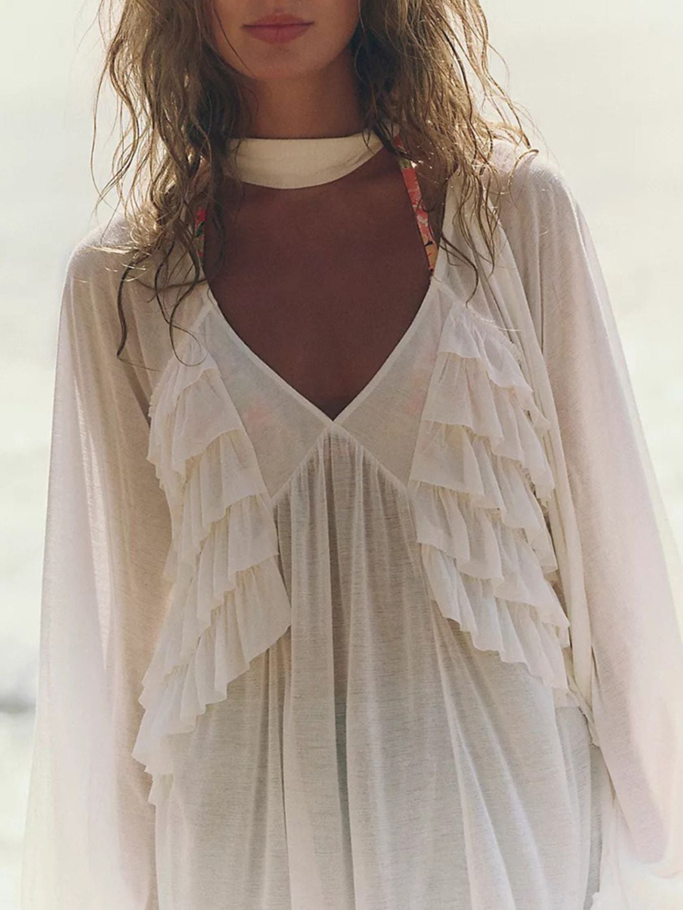 Cedar & Moore Sheer Ruffle Trim Beach Cover-Up in ivory by Trendsi