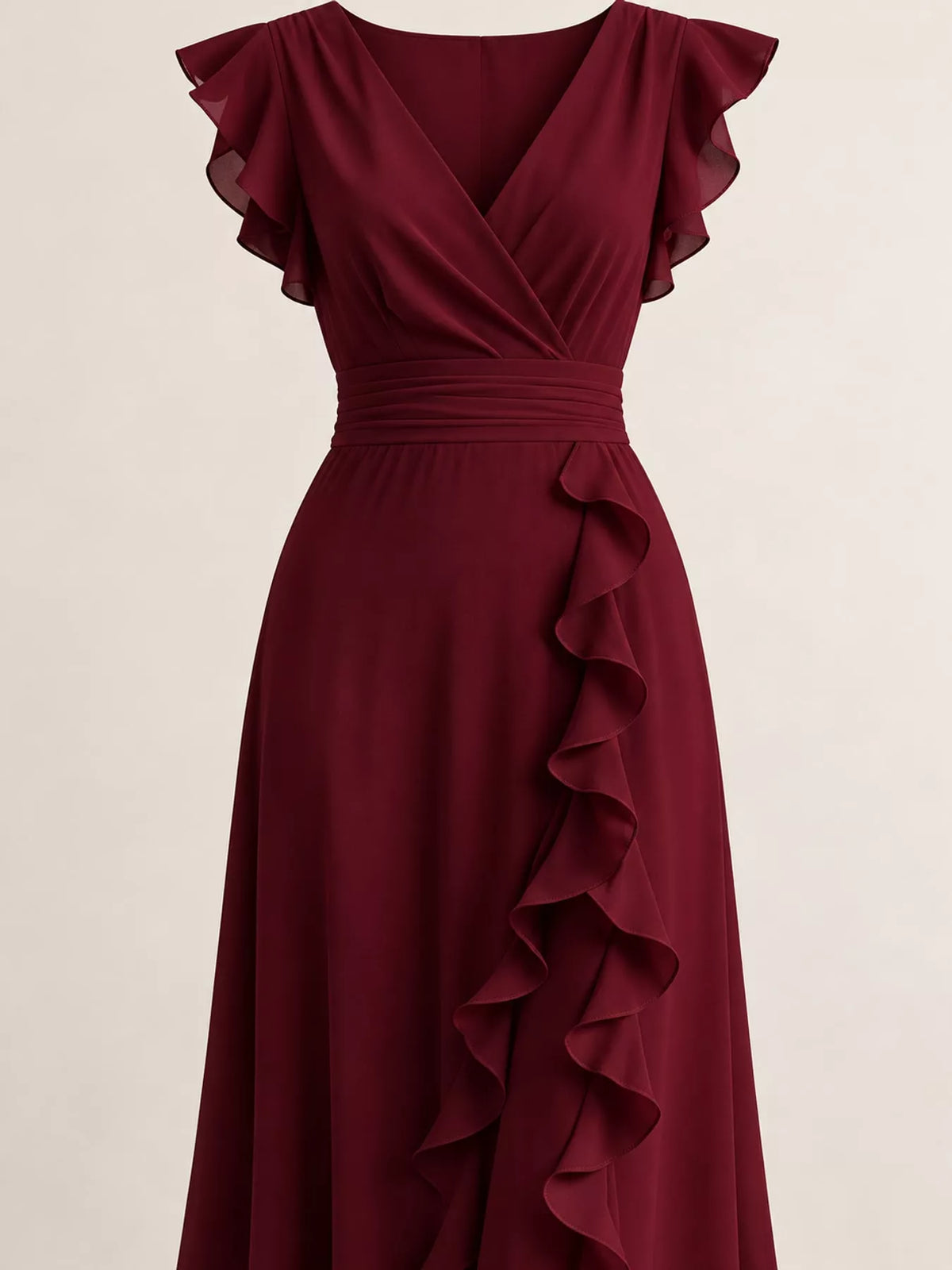 Burgundy ruffled V-neck sleeveless maxi dress with cascading shoulder ruffles
