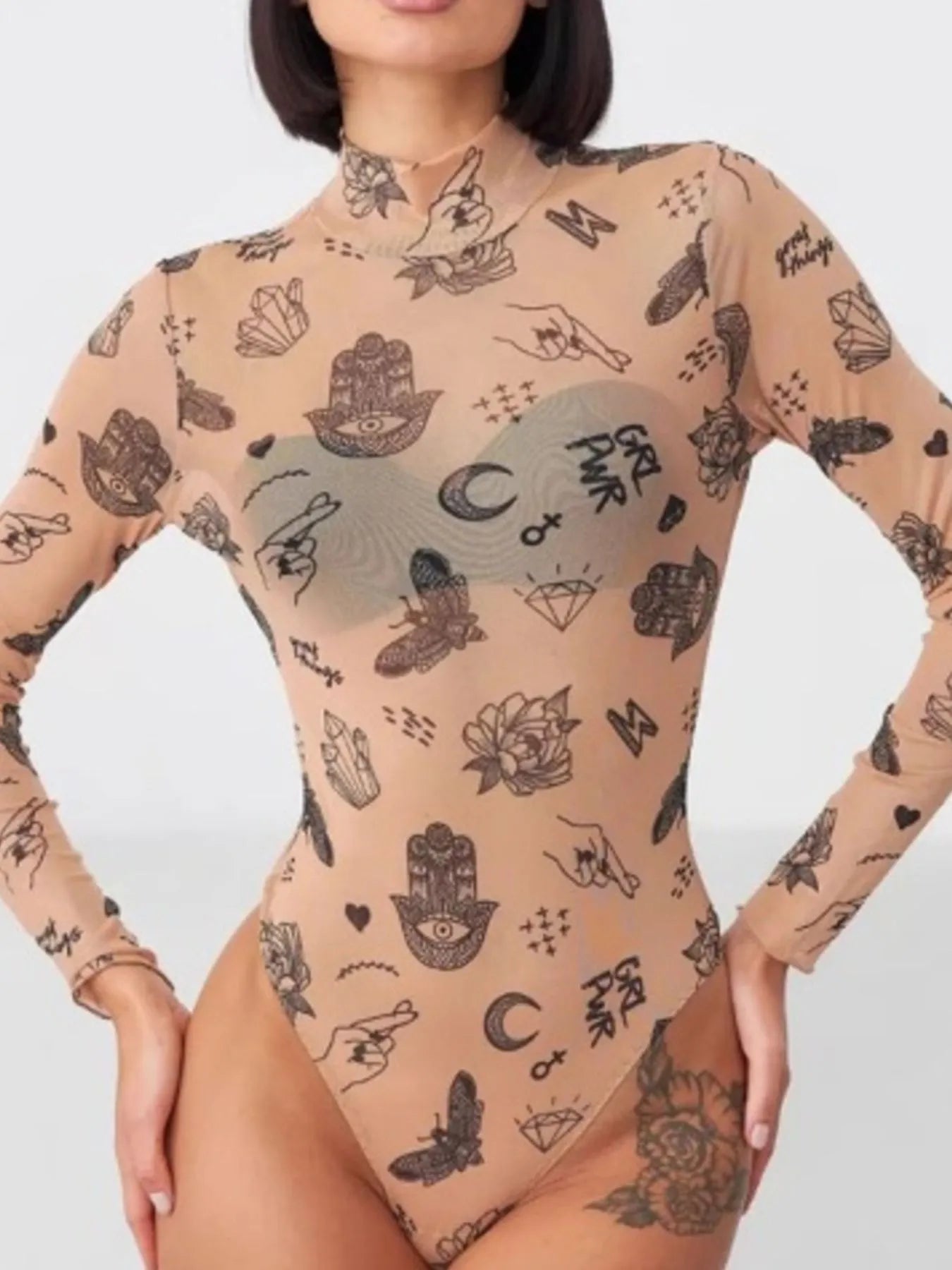 Dust Storm printed mock neck long-sleeve bodysuit, allover graphic print