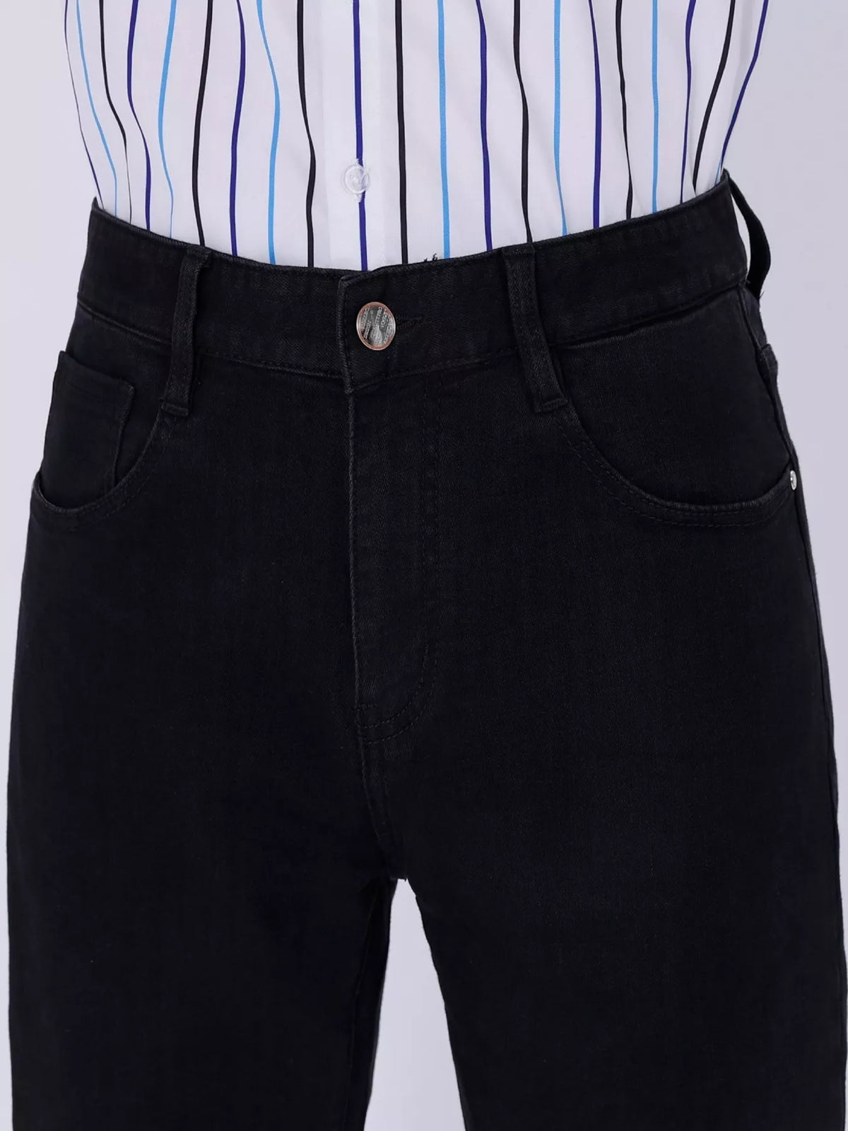 Black slim-fit jeans with round button waist and side pocket openings