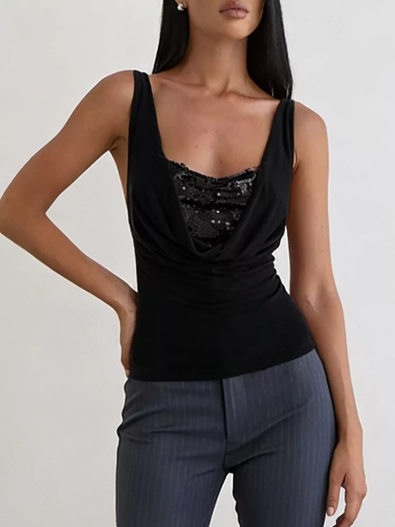 Cedar & Moore Sequin Detail Ruched Tank, black sleeveless top with front sequined panel