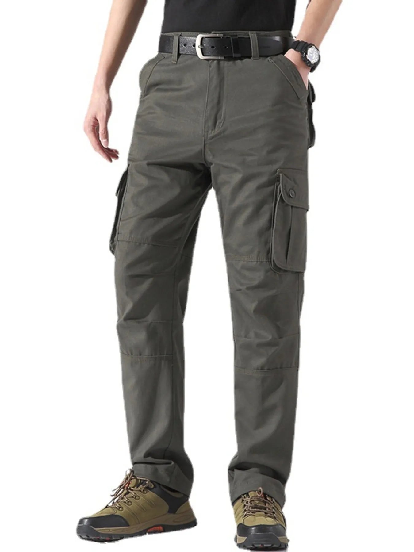 Wide leg cargo pants in gray with belt and side cargo pockets
