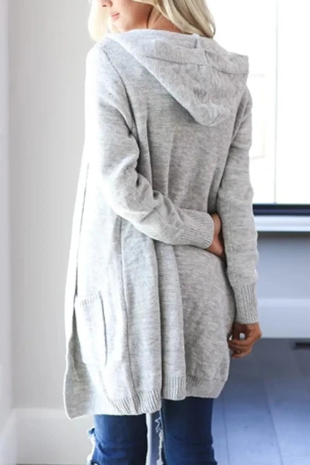 Heathered open-front cardigan with hood, patch pockets and long sleeves, light gray